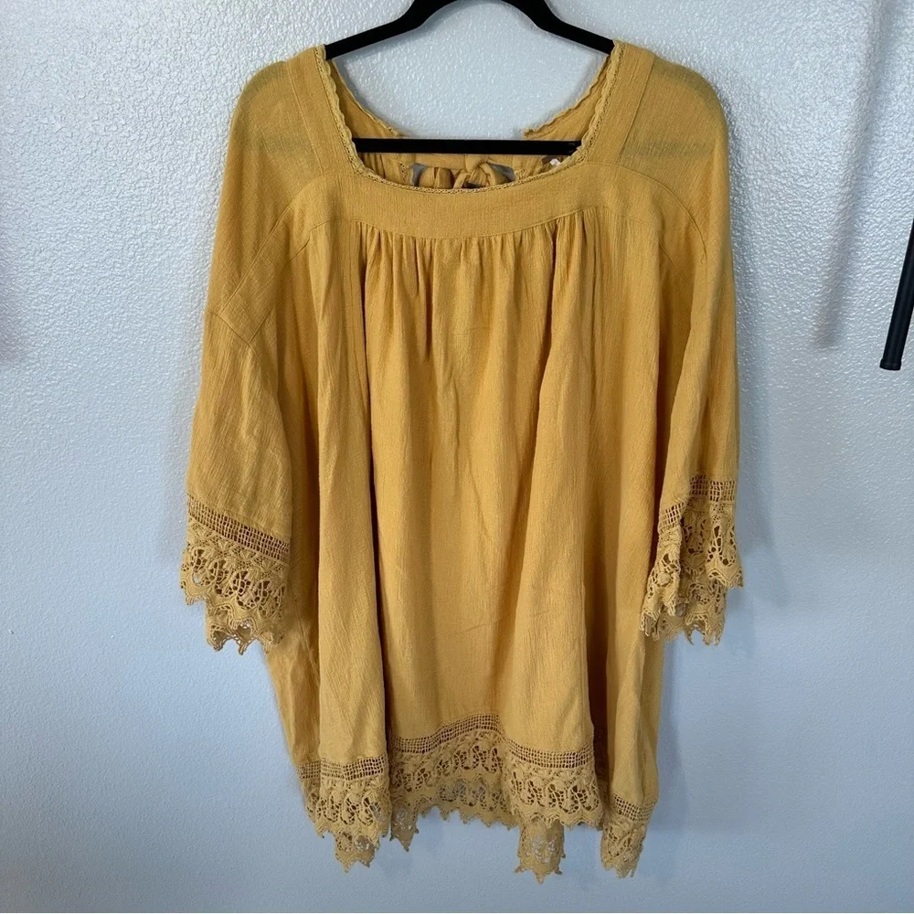 Free People Golden Yellow Oversized Crochet Trim Tie Back Tunic Dress, Large